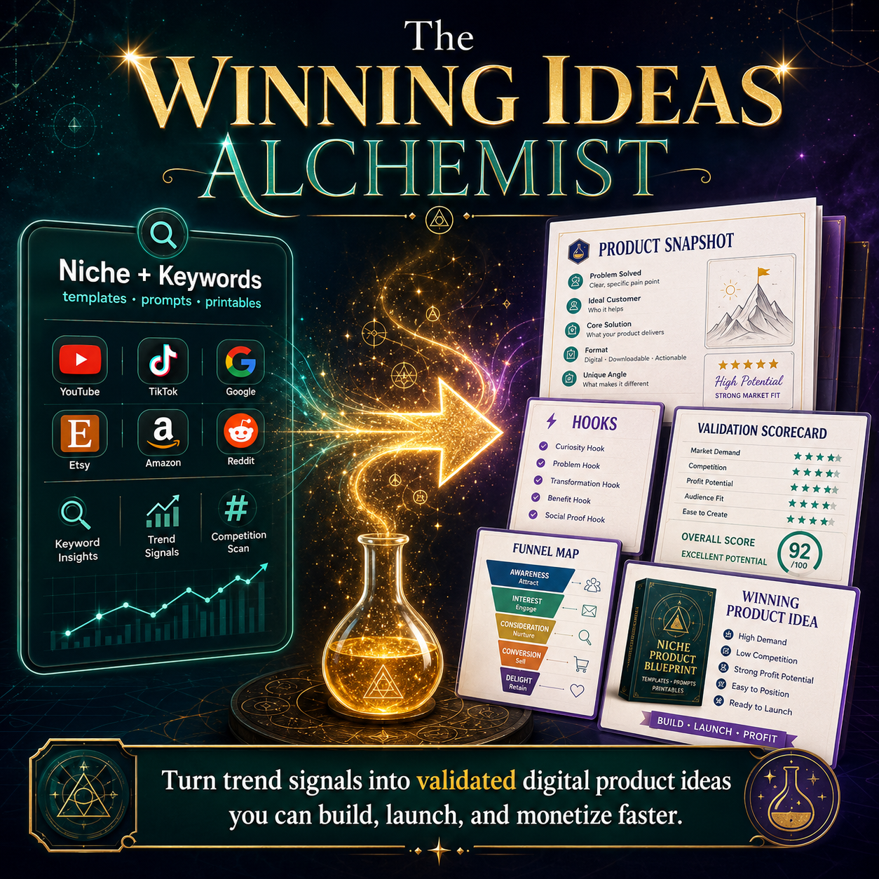 Promotional graphic for 'The Winning Ideas Alchemist' digital product, showing a glowing alchemy flask, a smartphone with trending platforms, and several white planning sheets including a product snapshot, hooks, funnel map, validation scorecard, and overall score. The design uses a dark cosmic background with gold and teal typography.