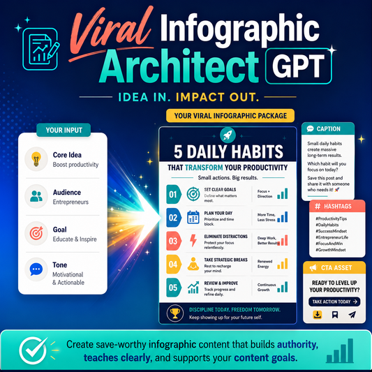 A promotional infographic for an 'Architect GPT' viral content package, featuring a dark blue background with a central dark panel outlining '5 Daily Habits That Transform Your Productivity' and three white side panels detailing core ideas, audience, and hashtags.