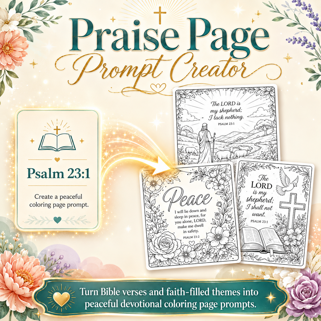 Promotional graphic for a Bible-themed coloring page prompt creator titled 'Praise Page Prompt Creator,' showing decorative floral borders, Psalm 23:1 text, and sample coloring page designs with religious illustrations and words like 'Peace' and 'The LORD is my shepherd.'.