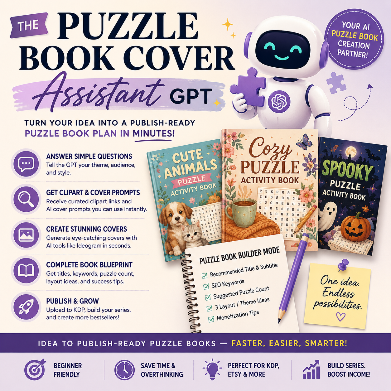 Turn a simple puzzle book idea into a complete, publish-ready book plan in minutes.
