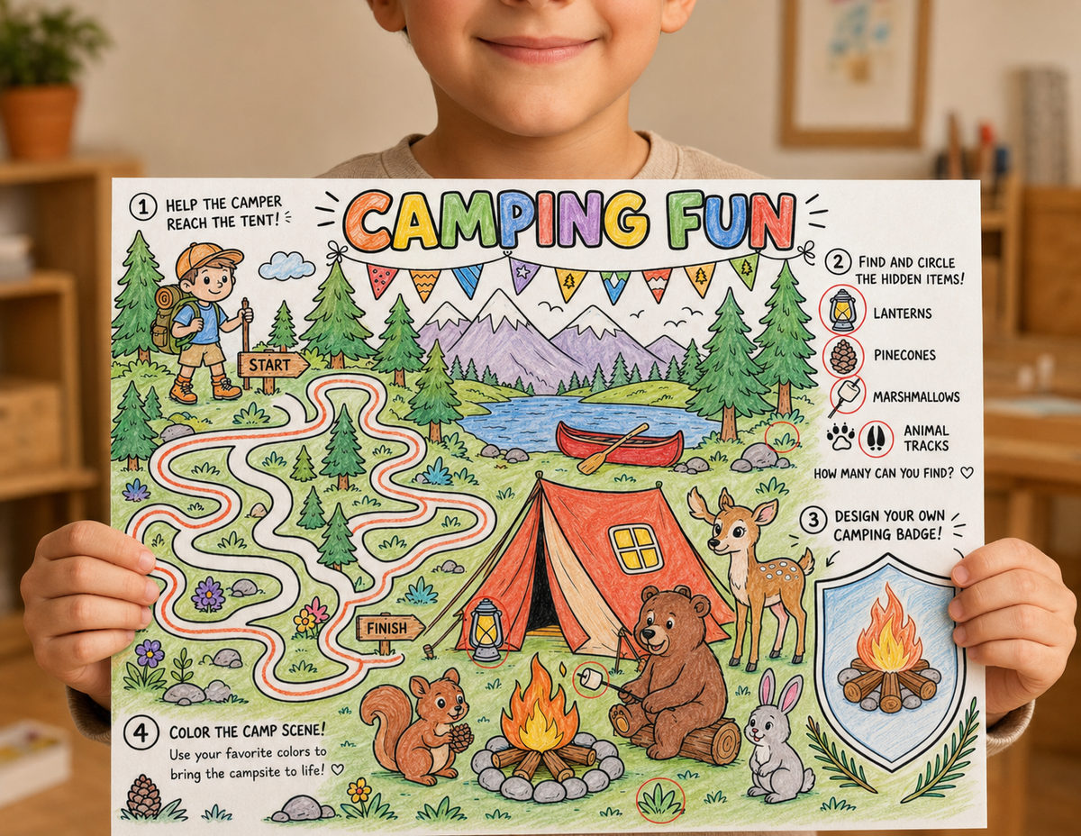 A child holds up a colorful illustrated camping activity board titled 'CAMPING FUN' with step-by-step prompts and cartoon animals around a campfire, tent, lake, and trees.