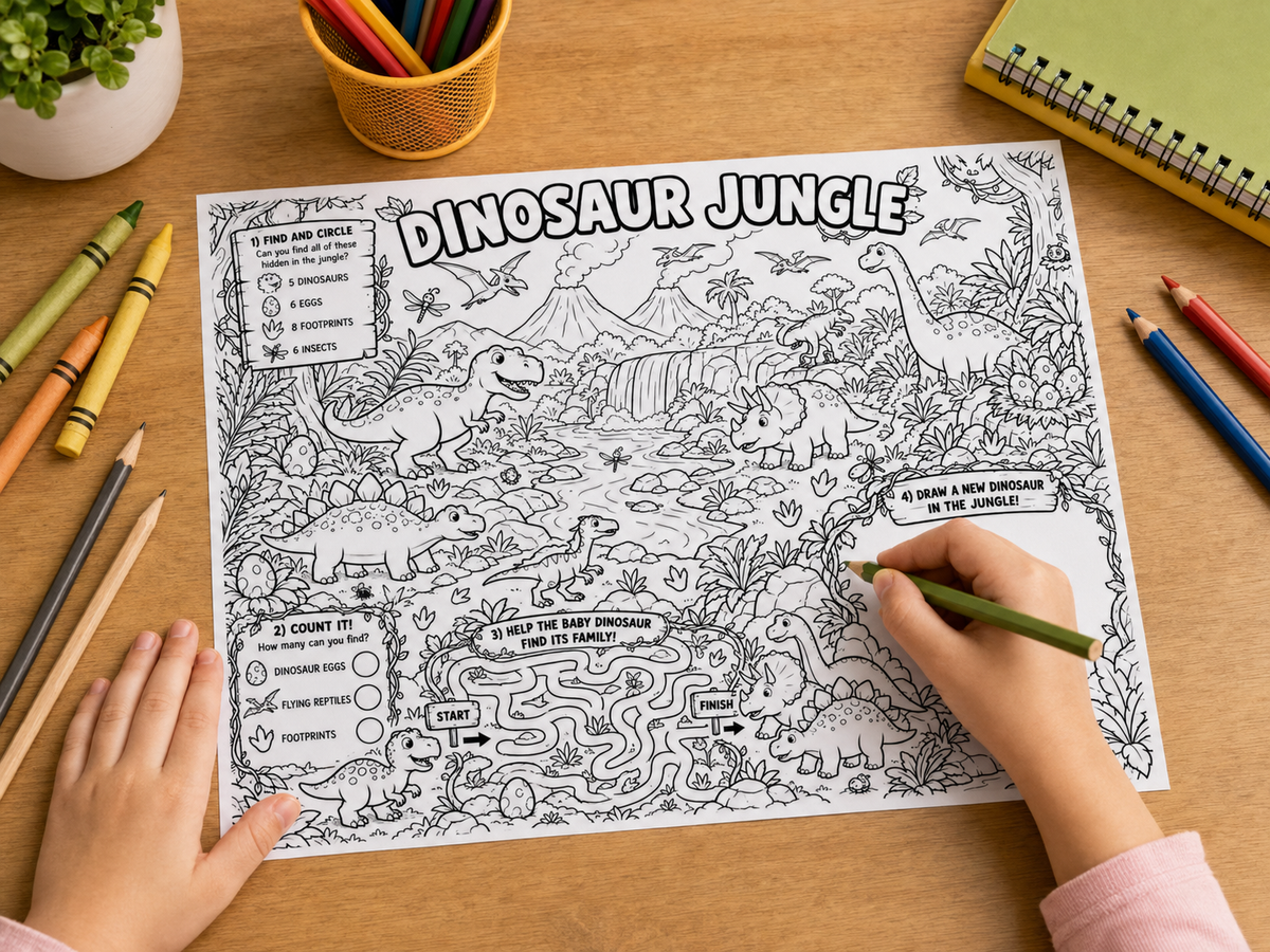 A child's hands are shown coloring a black and white 'Dinosaur Jungle' activity worksheet on a wooden desk, surrounded by colored pencils and crayons.