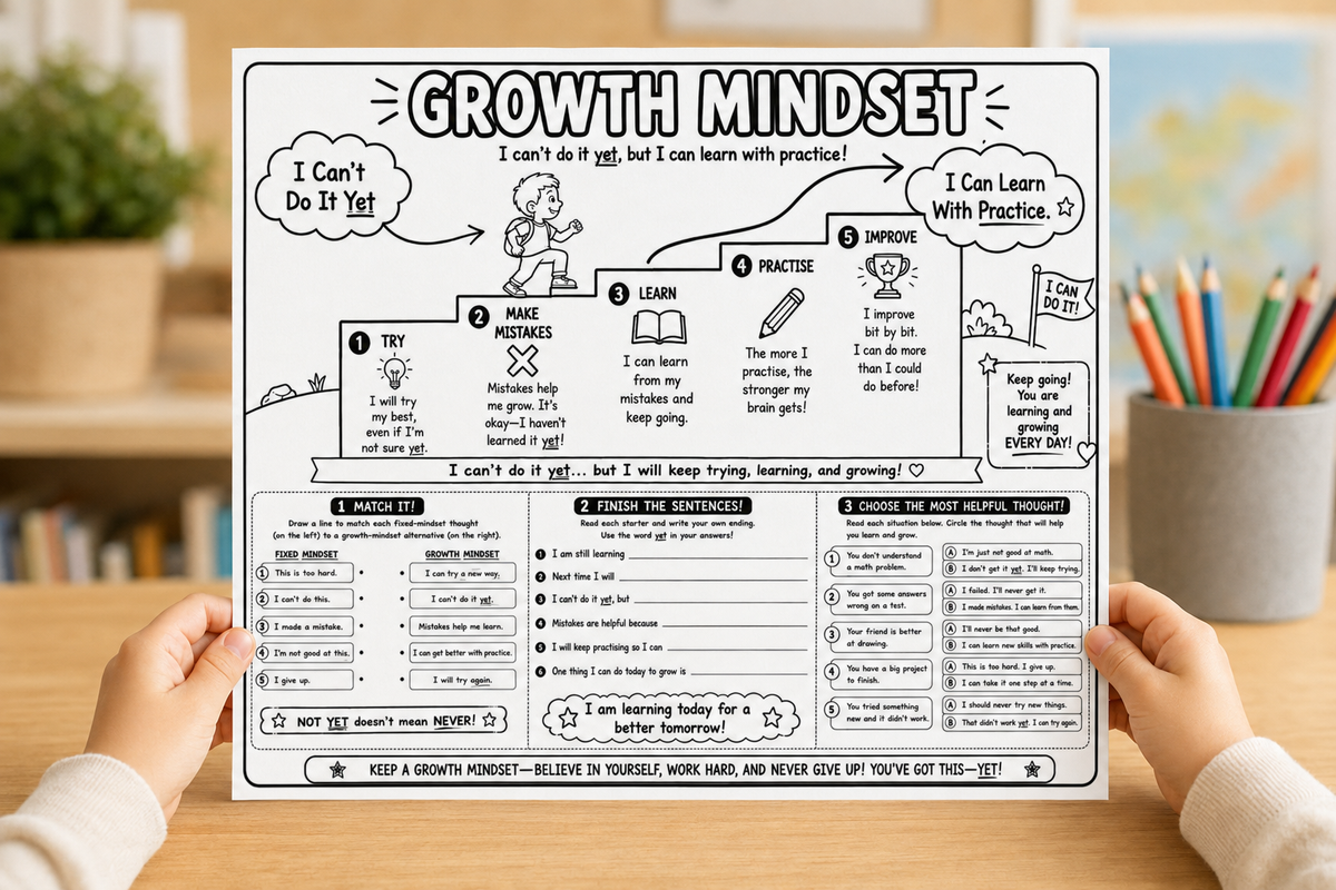 A person holds up a large motivational poster titled 'GROWTH MINDSET' with both hands visible. The poster features black and white hand-drawn style illustrations and text about learning and practice.