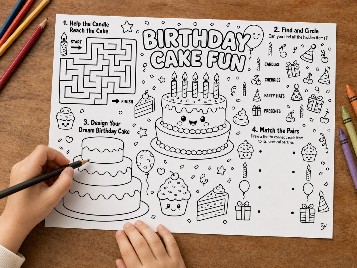 A black and white line art coloring page titled 'BIRTHDAY CAKE FUN' with various birthday-themed doodles, shown on a wooden table with a child's hands holding a pencil.