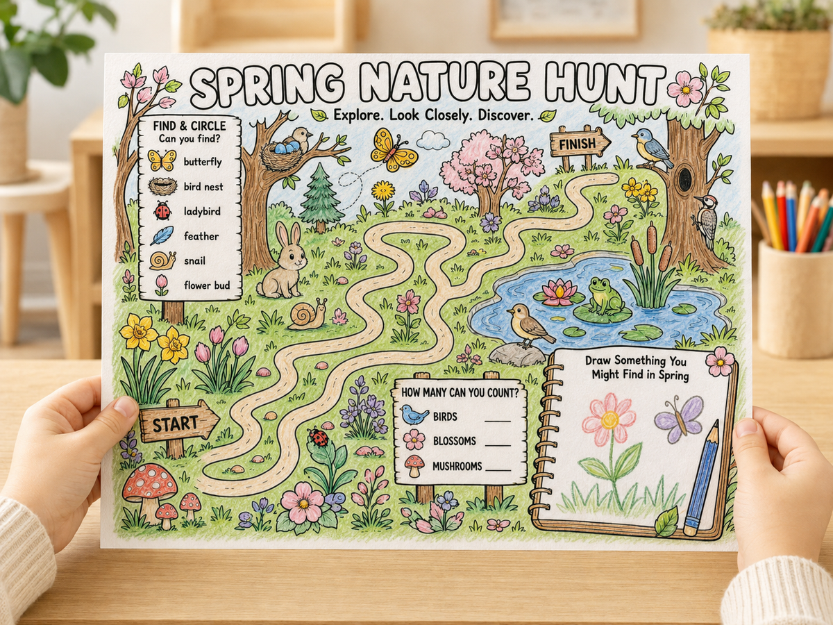 A person holds up a colorful spring-themed nature hunt activity sheet with illustrated trees, flowers, a pond, birds, and writing prompts. The sheet is photographed indoors against a softly blurred background with a desk and pencil cup visible.