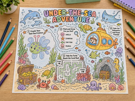 A colorful children's activity sheet titled 'UNDER-THE-SEA ADVENTURE' laid flat on a wooden table, surrounded by colored pencils. The printed worksheet features cartoon sea creatures, a yellow submarine, a treasure chest, a maze, and numbered steps for coloring and finding items.